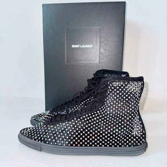Saint Laurent Rhinestone High-Top Sneakers Black EU 38 New - Picture 3 of 8